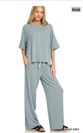 Plus~ Ribbed Short Sleeve Pant Set