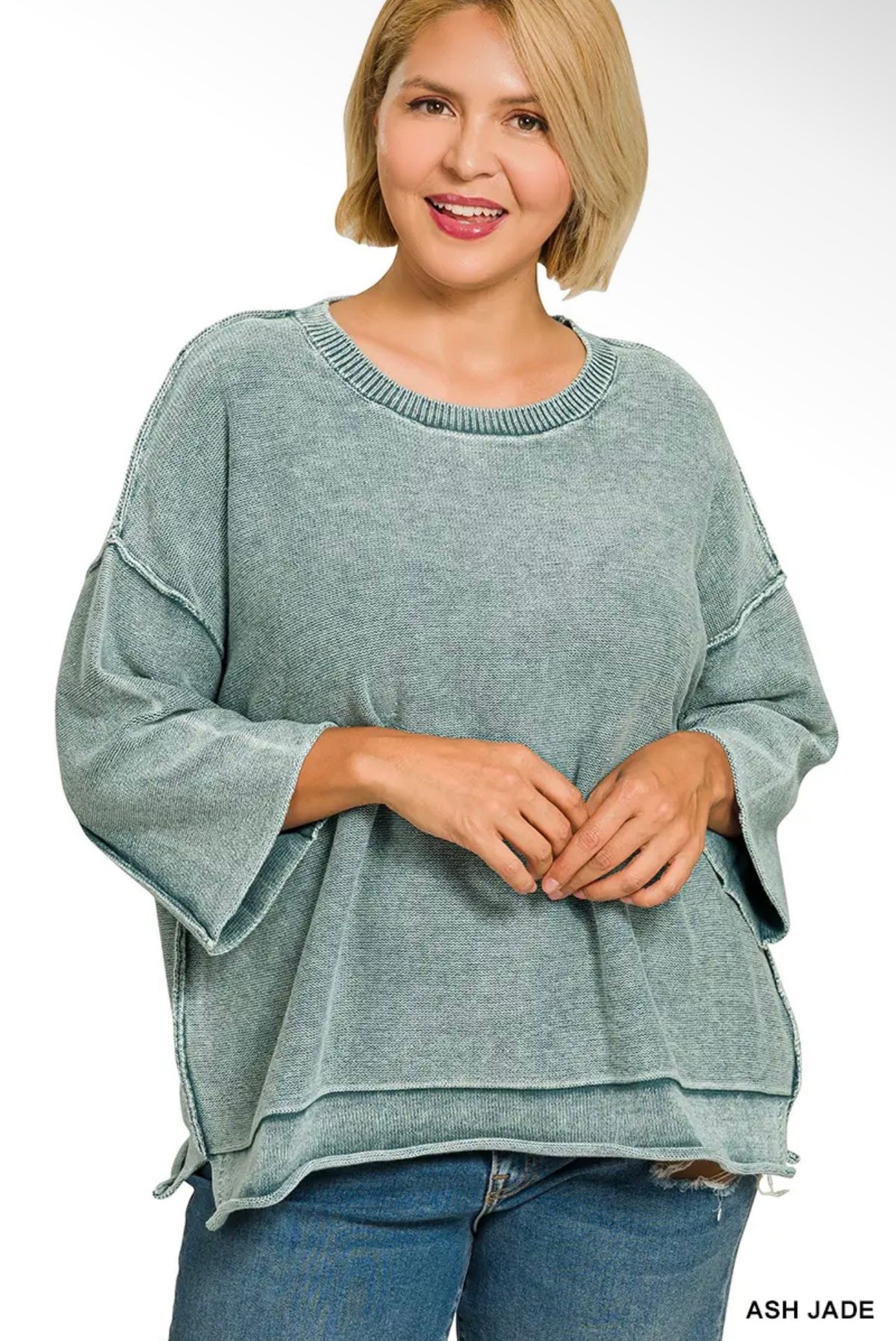 Plus~ Washed 3/4 Sleeve Sweater