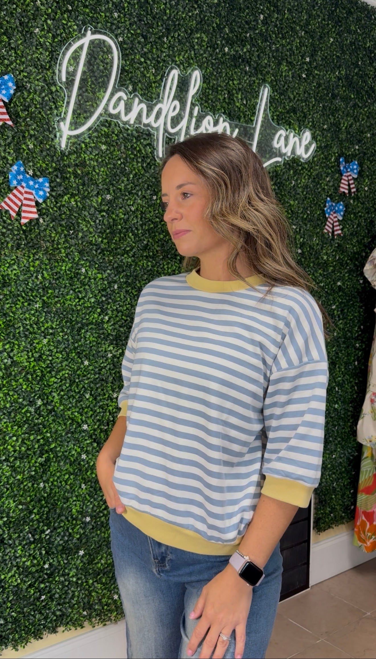 Blue & White Striped Top with Yellow Trim