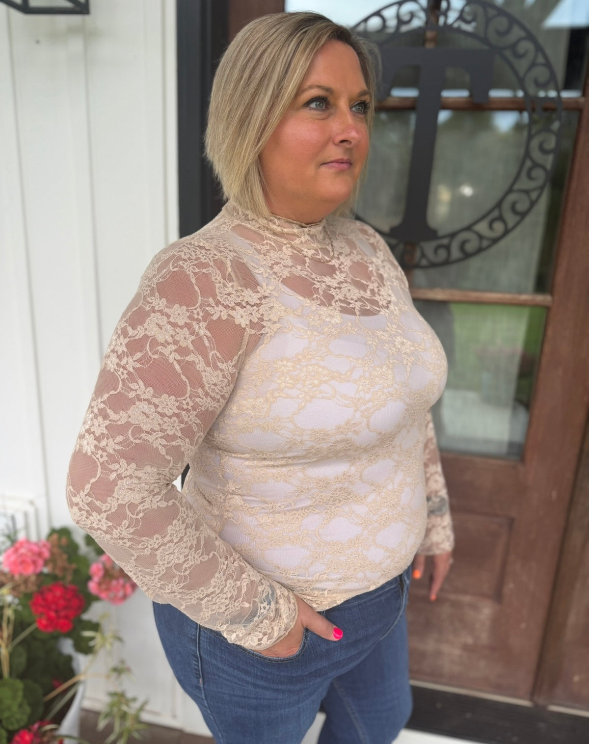 Vintage Romance Floral Lace Mock Neck Top